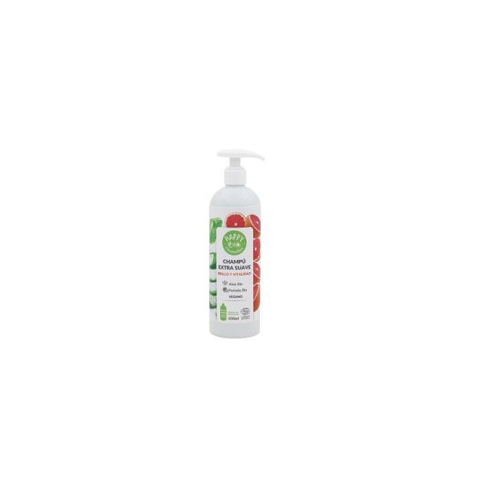 HAPPY BIO Champú Suave Brillo Pomelo y Aloe Bio 450ml. Certificado Cosmos Natural, Vegano. Limpia y suaviza. Fabricado en España.