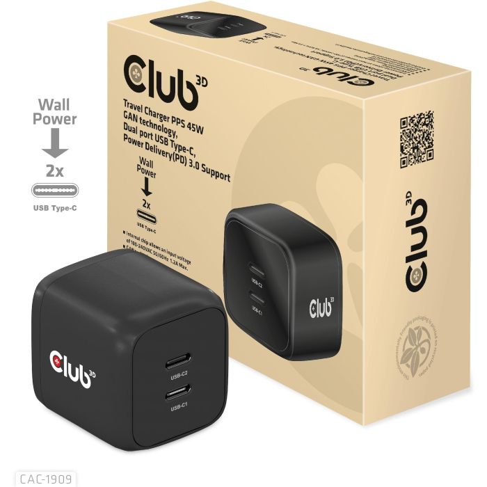 Club3D Ladegerät 2xUSB Typ C PD 45W. GaN retail 1 Club3D Ladegerät 2xUSB Typ C PD 45W. GaN retail 1