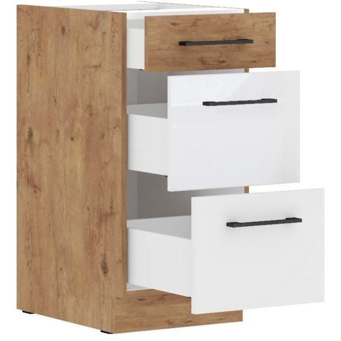 ROCK - Mueble bajo - Melamina roble Lancelot y blanco brillo - 40 cm - 3 cajones - Encimera no incluida 1 ROCK - Mueble bajo - Melamina roble Lancelot y blanco brillo - 40 cm - 3 cajones - Encimera no incluida 1