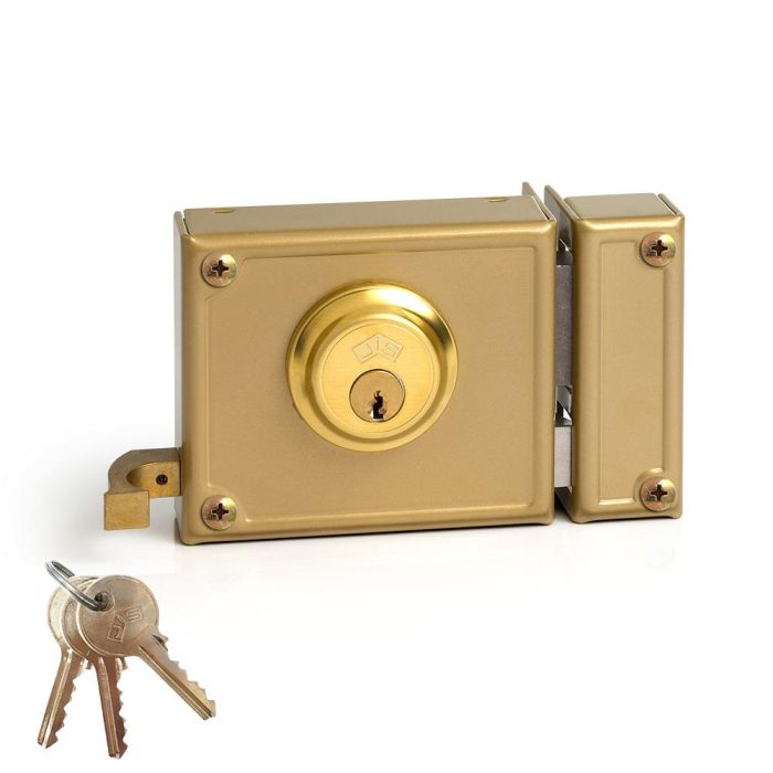 Jis Cerradura de sobreponer golpe y llave derecha 100mm, cilindro fijo 52mm, dorado, referencia 12-10d 0 Jis Cerradura de sobreponer golpe y llave derecha 100mm, cilindro fijo 52mm, dorado, referencia 12-10d 0