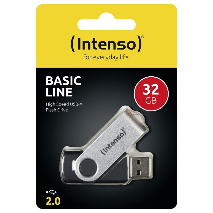 Intenso Lápiz USB 2.0 Basic 32GB - Memoria Flash, Modelo 3503480, Lectura hasta 28 MB/s, Color Negro y Plata