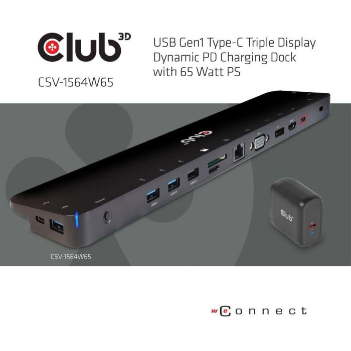 Club3D CSV-1564W65 ChargingDock USB-C 3.2 a 7xUSB/DP/HDMI/LAN/Audio 65W, Base de Acoplamiento, 4K 1 Club3D CSV-1564W65 ChargingDock USB-C 3.2 a 7xUSB/DP/HDMI/LAN/Audio 65W, Base de Acoplamiento, 4K 1