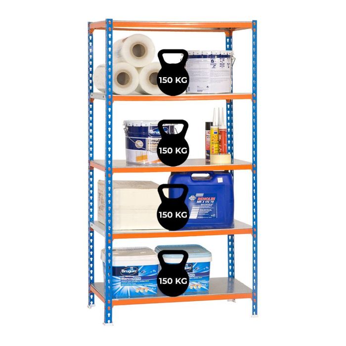Simon Rack Estantería metálica Simonclick plus 5/500, sin tornillos, 5 estantes, carga 180kg, 2000x1000x500mm, azul/naranja/galvanizado 2