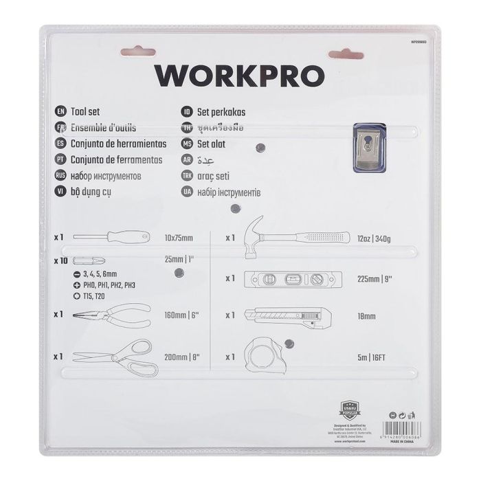 Workpro Juego de herramientas 17 piezas: tijera, cúter, cinta métrica, alicate, nivel, martillo y 10 puntas 2