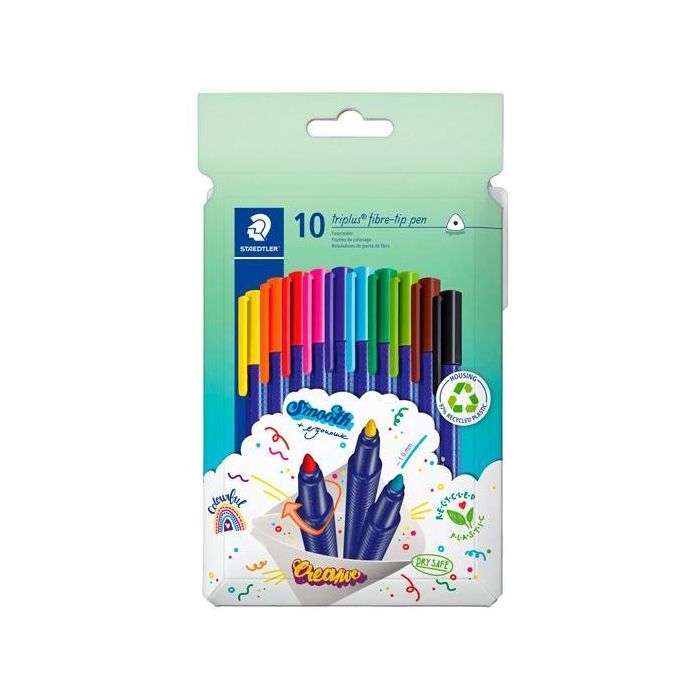Staedtler Rotulador Triplus Color 323 Triangular, Punta Fibra 1.0 mm, Estuche 10 Colores Surtidos