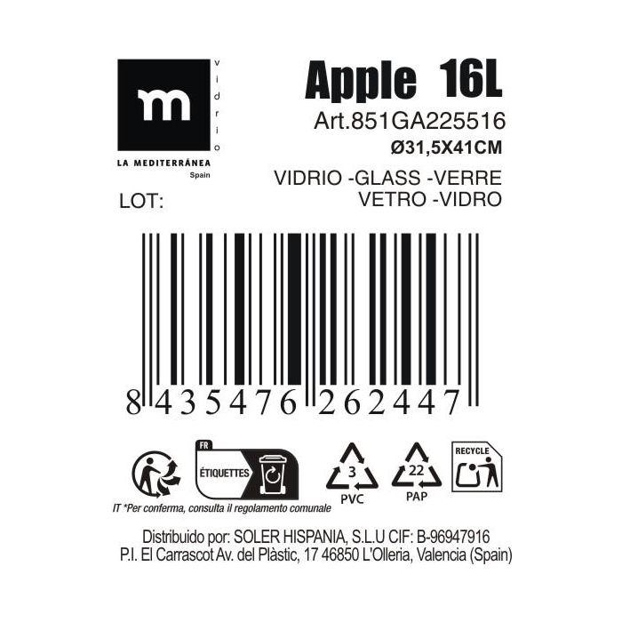 Inde Garrafa de Vidrio 16L "Apple" 31.5x31.5x41 cm
