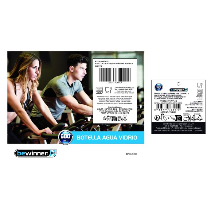 Botella de Agua de Vidrio con Silicona 600 ml - Bewinner por Inde (24 Unidades) 6 Botella de Agua de Vidrio con Silicona 600 ml - Bewinner por Inde (24 Unidades) 6