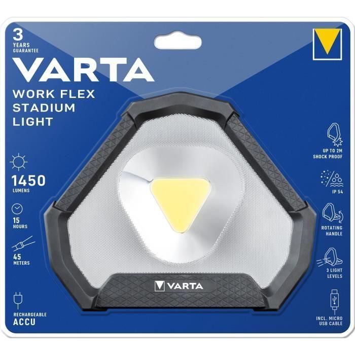Varta Work Flex Stadium Light - Linterna Recargable 1450lm, 15h Duración, Tecnología COB LED, IP54, Incluye Cable de Carga