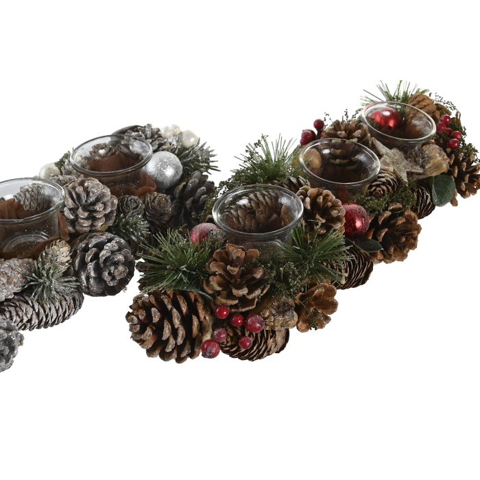 DKD Home Decor Portavelas Navidad Tradicional Verde Rojo Piña Cristal 13 x 8.5 x 38 cm (2 Unidades) 1