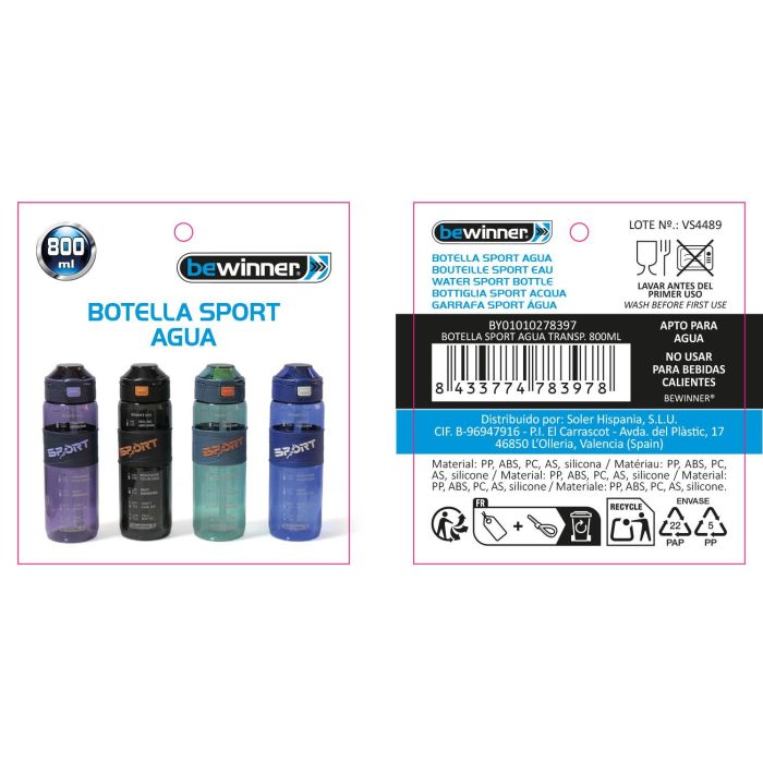 Prj Botella Sport Agua Transp.800Ml Bewinner (12 Unidades) 2 Prj Botella Sport Agua Transp.800Ml Bewinner (12 Unidades) 2