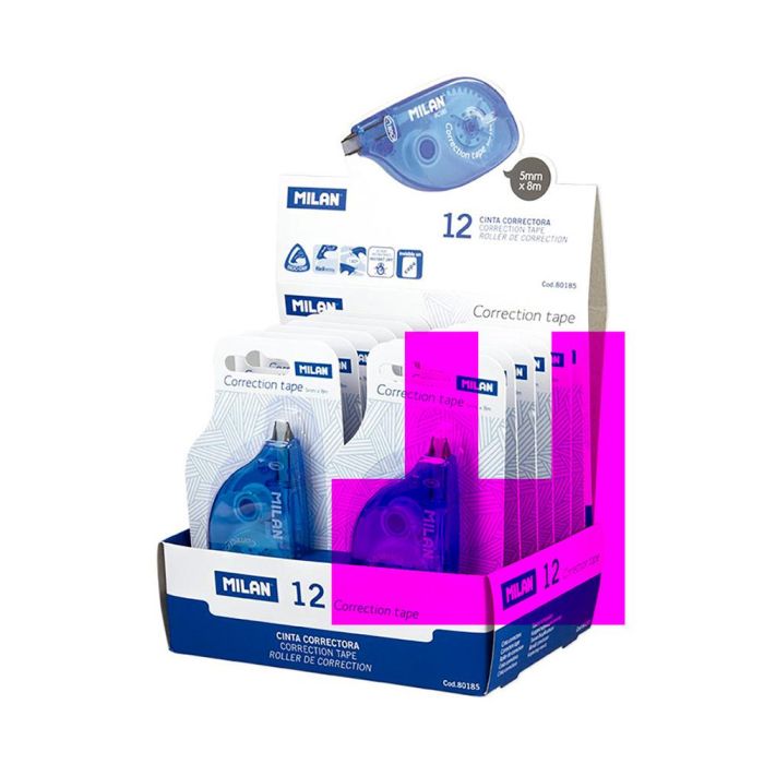 Milán Cinta Correctora con Rotación 180° en la Punta, Cinta Correctora en Seco 5mm x 8m, Azul, Ideal para Escuela y Oficina 1