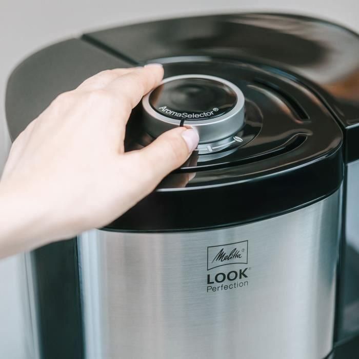 Melitta 1025-06 Cafetera de Filtro Look V Perfección, AromaSelector, 10 Tazas, Antigoteo, Depósito Extraíble, Acero Inoxidable, Negra 1
