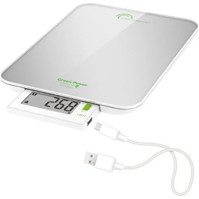 Little Balance Green Power USB Báscula de Cocina, 6 kg, 1 g, Plata Perla, Carga USB 3