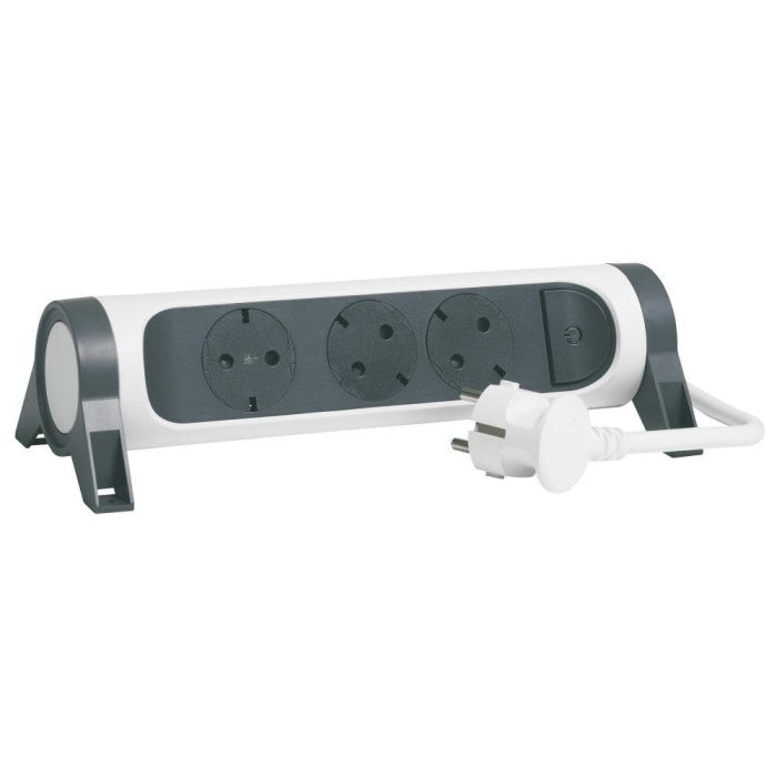 LEGRAND-Base Múltiple Fija y Giratoria de 3 Tomas Rasantes 2P+T, Protegida Contra Sobretensiones. Cable de 1,5M. Color Blanco y Negro [SON-694527]