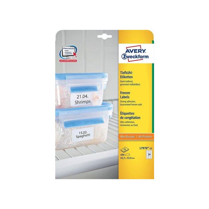 Avery Etiquetas Adhesivas para Congelador Blancas 63,5x33,9 mm, Resistentes a -50°C, Ink-Jet, Láser, Fotocopiadora, Pack 600