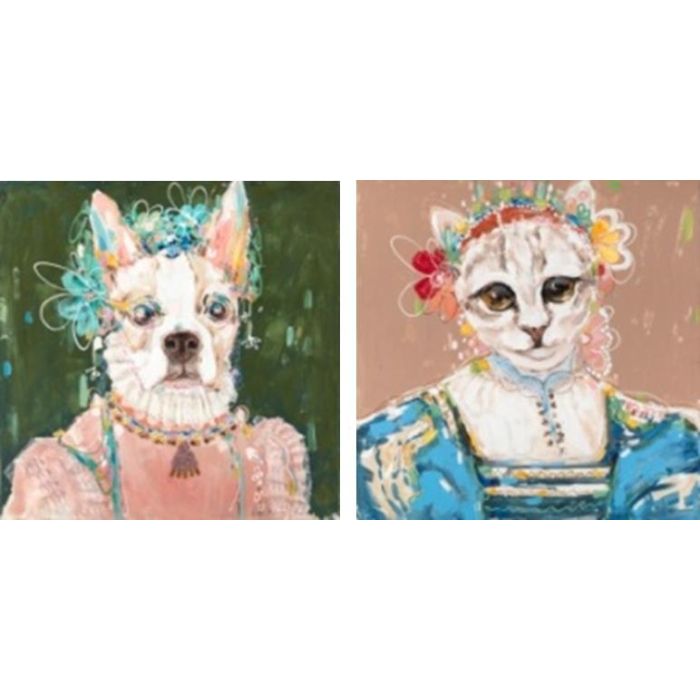 DKD Home Decor Cuadro Moderno Perro Gato Pintado a Mano Lienzo y Pino Multicolor 90x90 cm Set de 2 Unidades