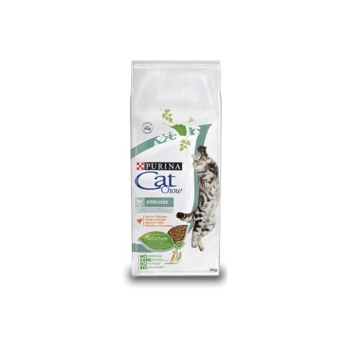 Purina Cat Chow Alimento Gato Esterilizado con Pollo, Fórmula Naturium para Digestión y Peso Ideal, 15 kg