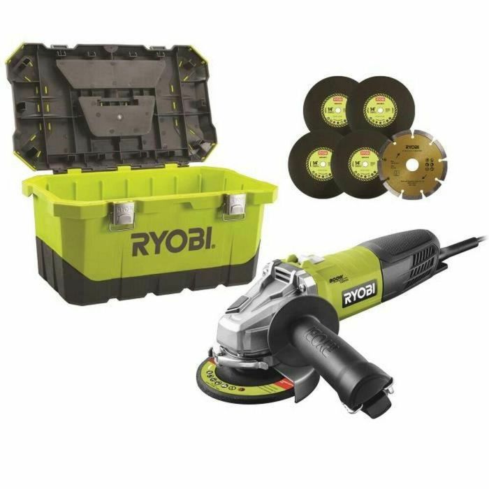 Ryobi Amoladora Angular 800W 125mm con Caja de Herramientas, 1 Disco Diamante y 5 Discos Abrasivos