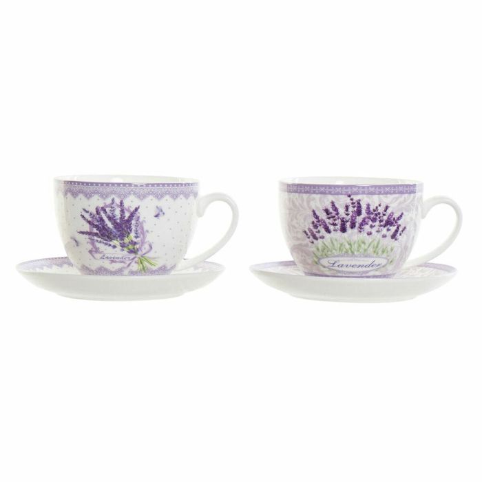 Taza con Plato DKD Home Decor Blanco Verde Lila Porcelana 220 ml (2 Unidades) 0 Taza con Plato DKD Home Decor Blanco Verde Lila Porcelana 220 ml (2 Unidades) 0