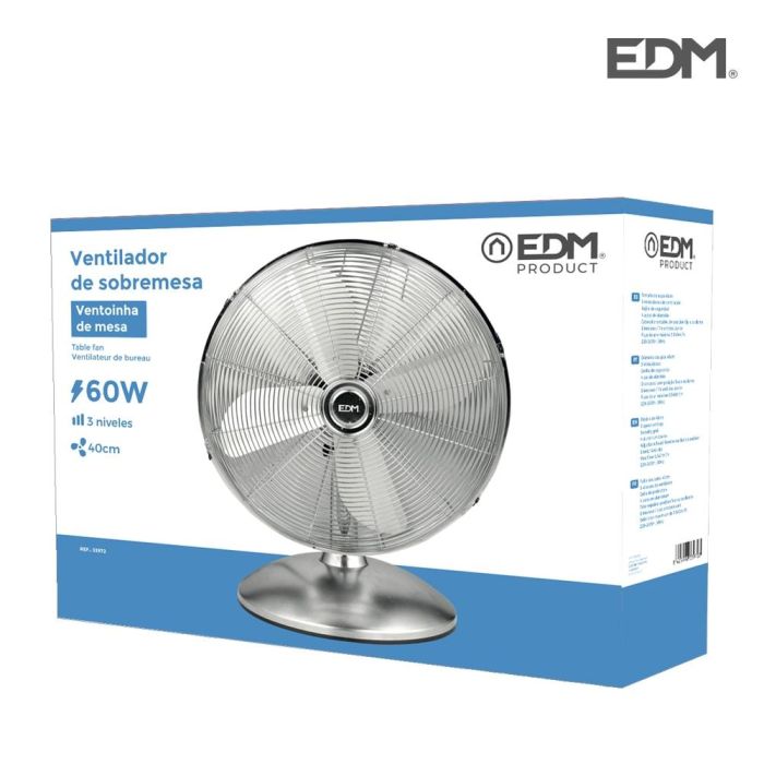 Edm Ventilador de sobremesa cromado 60W Ø40cm 3 velocidades ajustable/oscilante 3