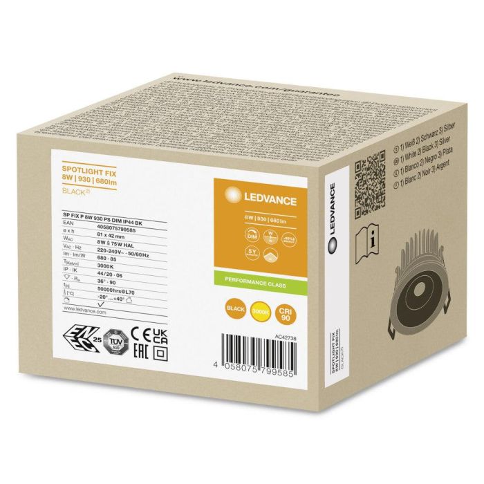 LEDVANCE [LVE-4058075799585] Foco Spot Empotrable LED Fijo 8W 680Lm 3000K 36º Regulable para Interior IP44 CRI 90, Aluminio 1