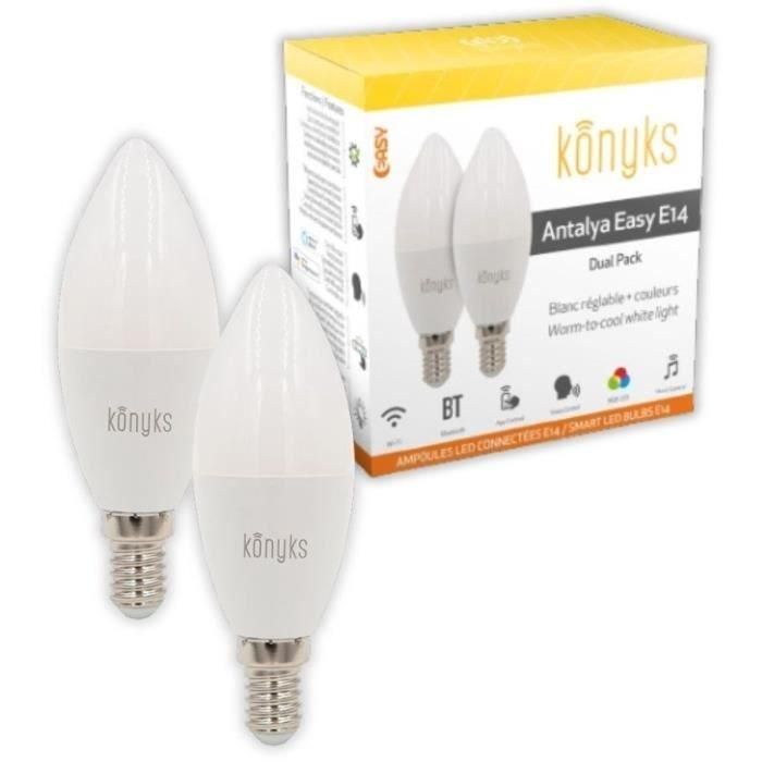 2 bombillas LED - KONYKS - Antalya Easy E14 - Wifi + Bt - 5 W - 350 Lúmenes - Colores + Blanco - Compatible con Alexa / Google Home 2 bombillas LED - KONYKS - Antalya Easy E14 - Wifi + Bt - 5 W - 350 Lúmenes - Colores + Blanco - Compatible con Alexa / Google Home