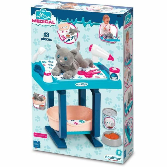 Ecoiffier Kit de Aseo Ecológico para Gato de Peluche con Mesa Azul y Accesorios, Set de Juguete Completo para Niños +18 meses