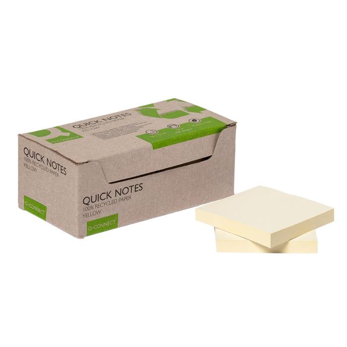 Bloc De Notas Adhesivas Quita Y Pon Q-Connect 76x76 mm 100% Papel Reciclado Amarillo En Caja De Carton 12 unidades 1