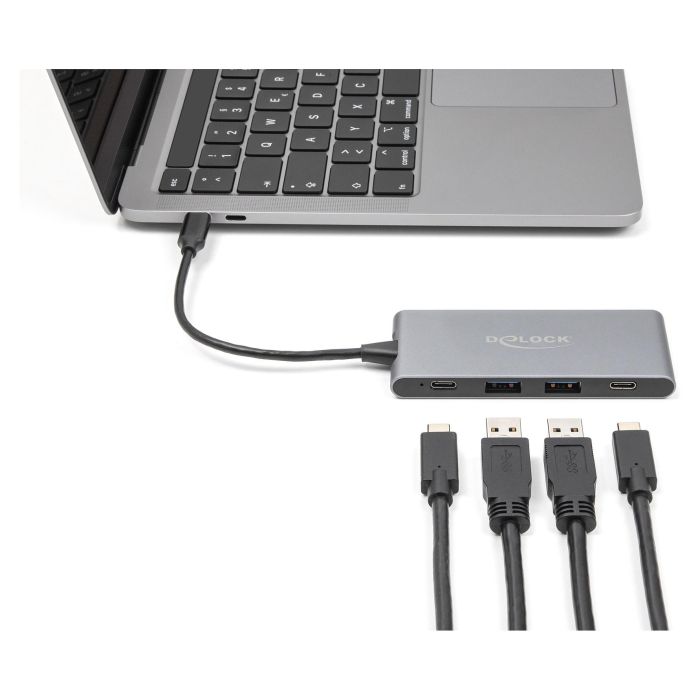DeLOCK Concentrador USB 3.2 Gen 2, Hub 4 Puertos con 2 x USB-C 10 Gbps y 2 x USB-A, 15 W PD, Aluminio Gris, Cable 0.15 m 1