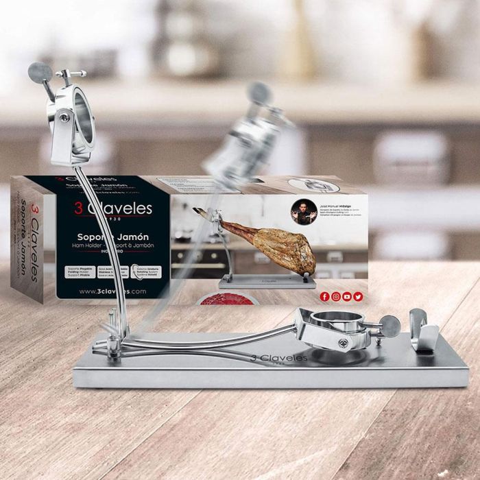 3 Claveles Jamonero de Acero Inoxidable con Cabezal Giratorio y Plegable, Topes Antideslizantes, 39x50x16,5cm 4 3 Claveles Jamonero de Acero Inoxidable con Cabezal Giratorio y Plegable, Topes Antideslizantes, 39x50x16,5cm 4