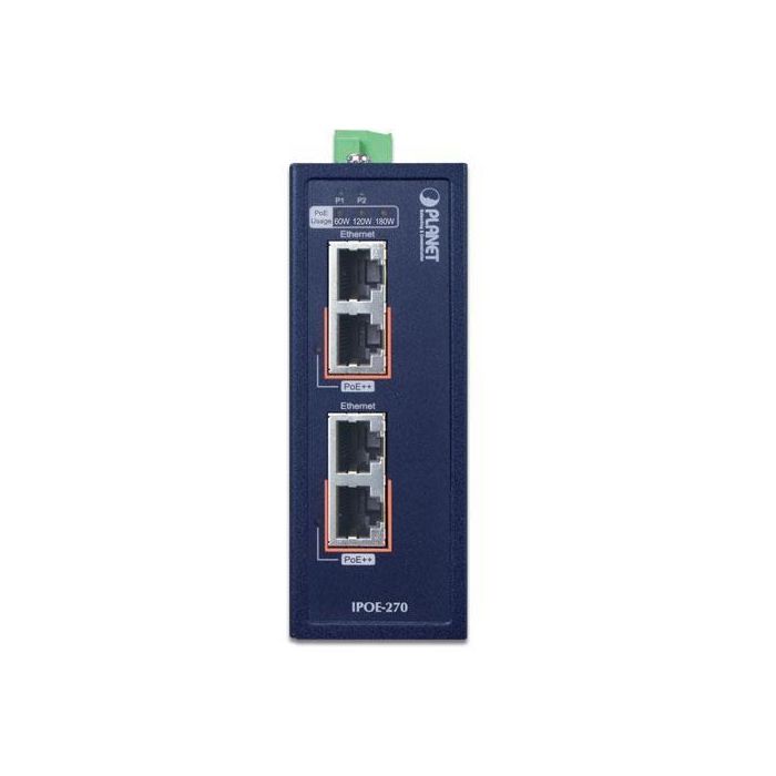 Planet IPOE-270 Inyector Hub PoE++ Industrial 2 Puertos Multi-Gigabit 802.3bt 90W/P, 180W Total, -40 a 75°C 1