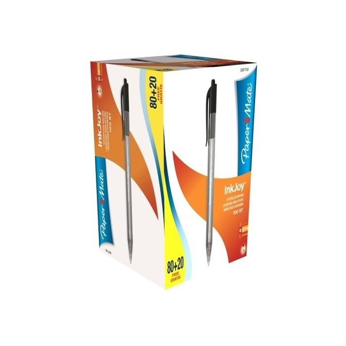 Paper Mate Bolígrafo Inkjoy 100 Retráctil Triangular Negro - Caja 80+20