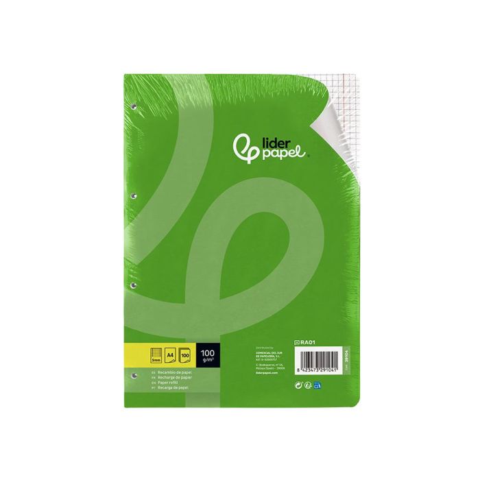 Recambio Liderpapel A4 100 Hojas 100 gr-M2 Cuadro 5 mm Con Doble Margen 4 Taladros 1