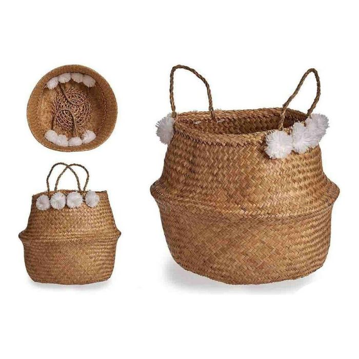 Cesto Blanco Marrón Natural Junco Pompones 8 L 32 x 30 x 32 cm 1 Cesto Blanco Marrón Natural Junco Pompones 8 L 32 x 30 x 32 cm 1