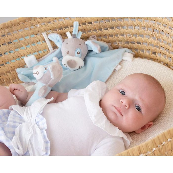 KioKids Set Doudou y Sonajero Perrito Azul Suave para Bebés +0 Meses. Con Mordedor y Sonidos, Ideal para Apego 1