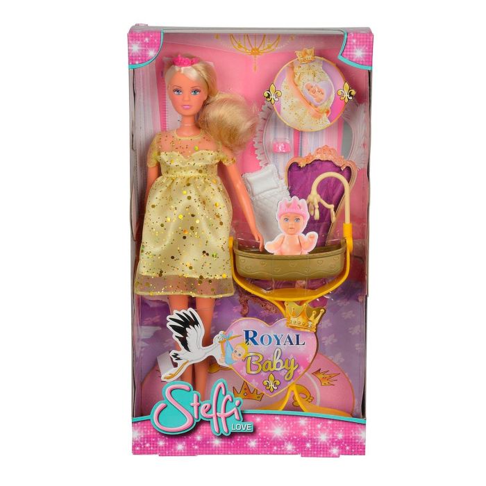Steffi Love 5737084 Muñeca Steffi Embarazada con Vestido Dorado y Cuna 1
