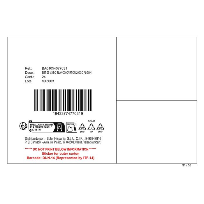 Algon Vaso Blanco Carton Set-25 200 Cc 7.2 x 20.4 cm 6 Algon Vaso Blanco Carton Set-25 200 Cc 7.2 x 20.4 cm 6