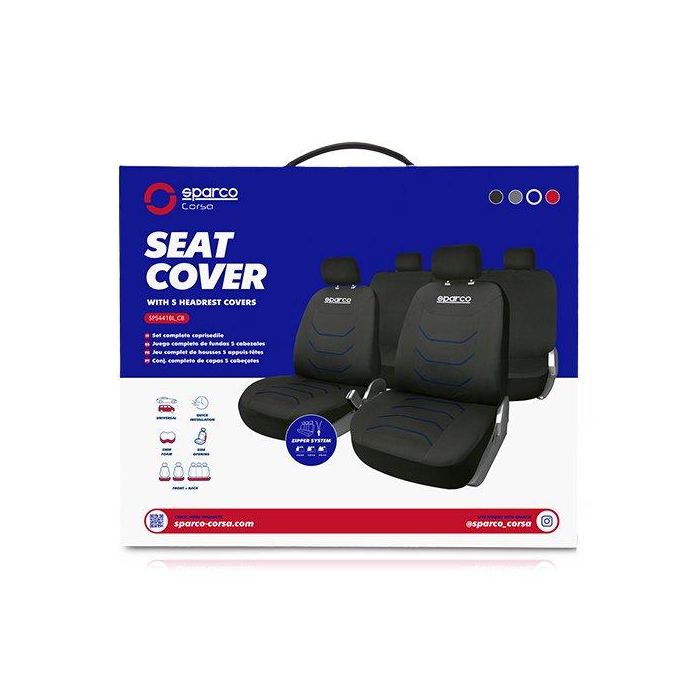 Sparco Cs6 SPCS441BL Juego Fundas de Asiento Coche Modelo Corsa Negro y Azul Universal 5 Cabezales Lavable Polyester Foam 2mm 3