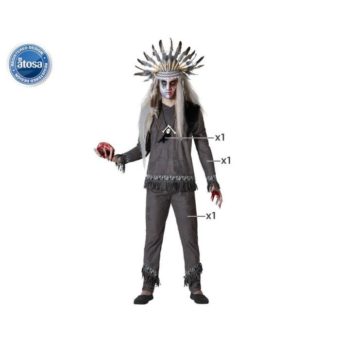Disfraz Chamán Hombre Adulto Gris con Flecos, Penacho y Collar Simbólico Talla M-L para Halloween y Fiestas Temáticas Disfraz Chamán Hombre Adulto Gris con Flecos, Penacho y Collar Simbólico Talla M-L para Halloween y Fiestas Temáticas
