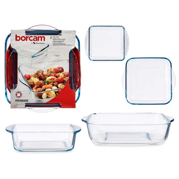Pasabahce Set 2 Bandejas Cuadradas Borcam 1040ml + 1950ml Vidrio Borosilicato Transparente 25x22x6cm (Set de 4)