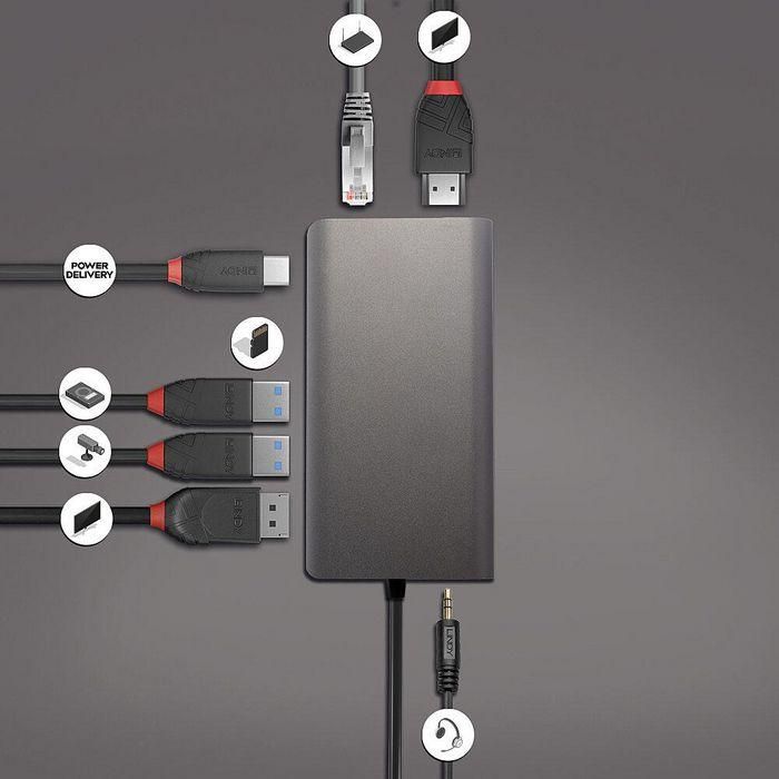 Lindy DST-Mini XT Estación Docking USB-C para Portátil con Salida de Vídeo HDMI/DisplayPort 4K/Doble 1080p y Carga Pass-Through 100W 3