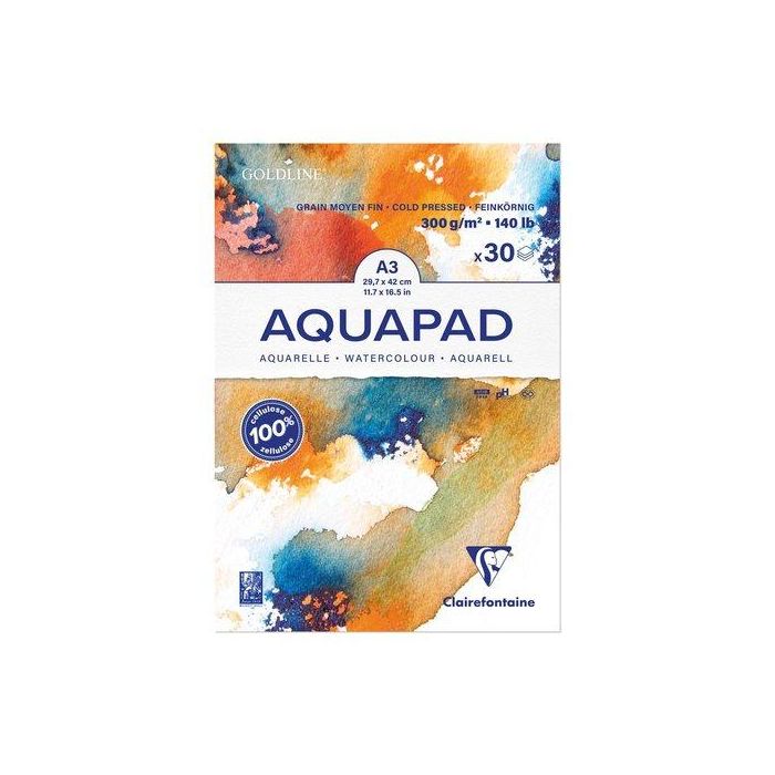 Bloc De Dibujo Clairefontaine Aquapad Encolado Blanco Grano Medio-Fino Tecnicas Humedas A3 300G 30H (Set de 3)