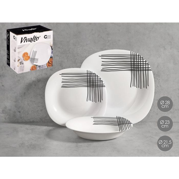 Vivalto Set 18 Piezas Vajilla Cuadrada Líneas Vidrio Opal Blanco y Negro - Incluye Platos Llanos (26x26 cm), Hondos y Postre (2 Unidades) Vivalto Set 18 Piezas Vajilla Cuadrada Líneas Vidrio Opal Blanco y Negro - Incluye Platos Llanos (26x26 cm), Hondos y Postre (2 Unidades)