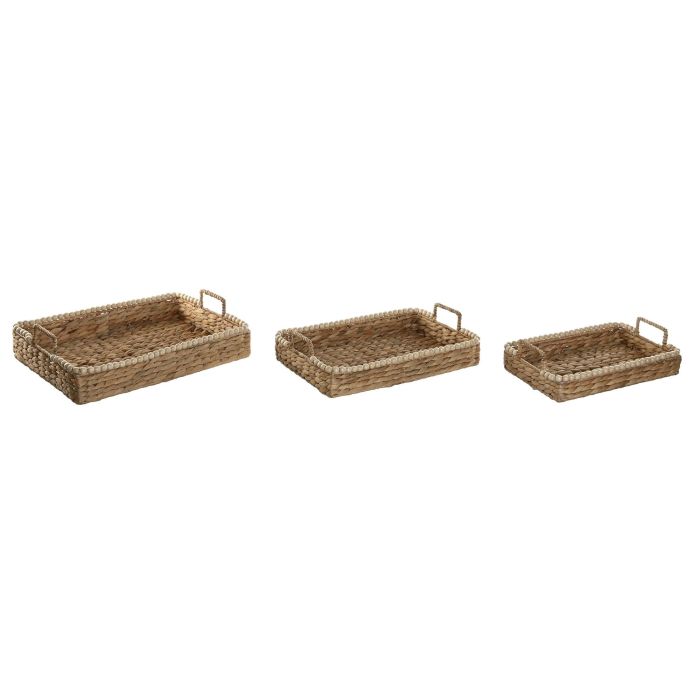 DKD Home Decor Bandeja Tropical de Jacinto de Agua y Madera Natural 44x31x12 cm - Set de 3 Piezas (2 Unidades)