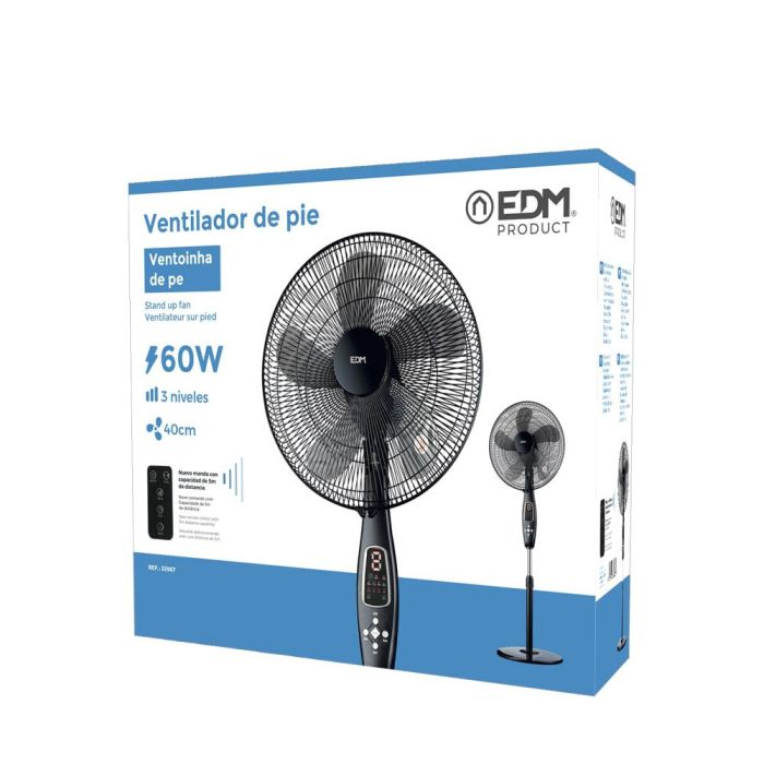 Ventilador de pie con mando a distancia. color negro. potencia: 60w aspas: ø40cm altura regulable 110-130cm edm 3