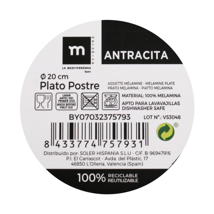 Plato Postre Melamina Antracita 20 cm - La Mediterranea (24 Unidades) 1 Plato Postre Melamina Antracita 20 cm - La Mediterranea (24 Unidades) 1
