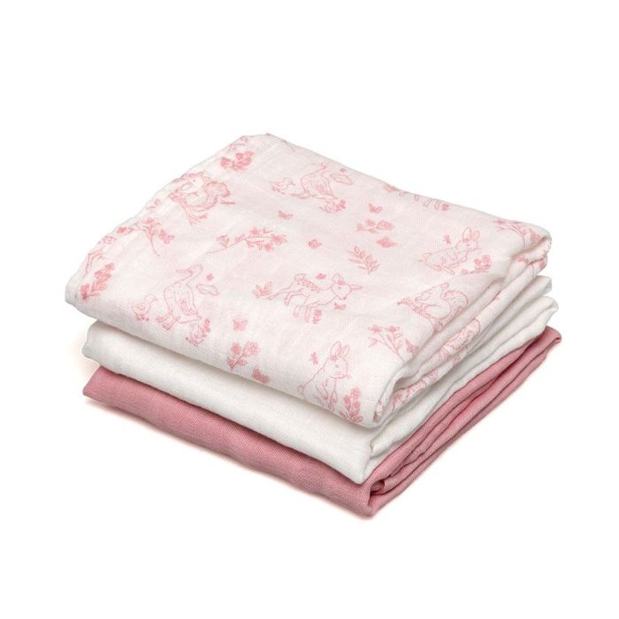 Set De 3 Muselinas Rosa, Blanco Y Estampado De Animalitos 70x70 cm