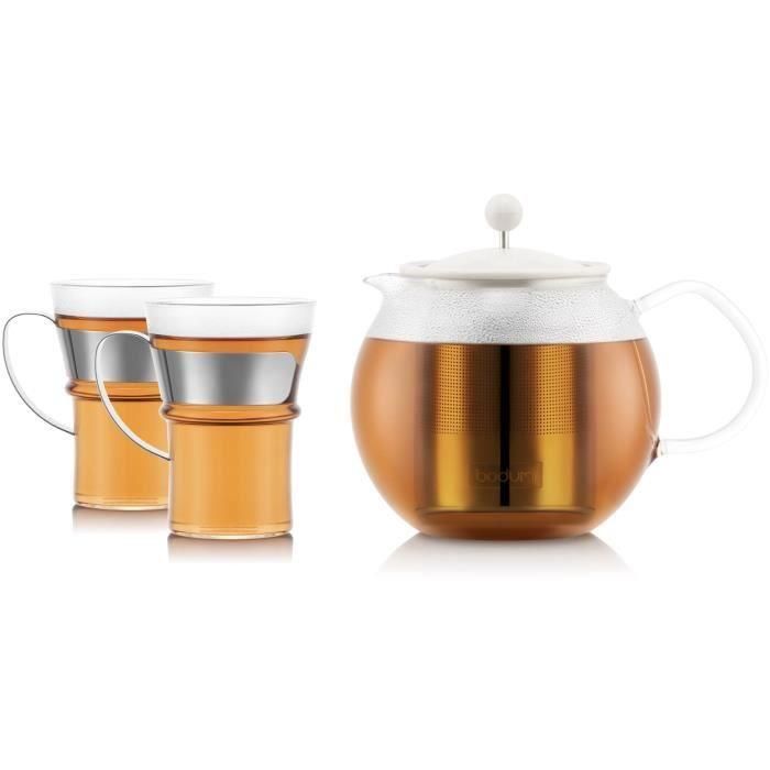 Tetera de prensa francesa - BODUM - ASSAM SET - 1,0 l con filtro de acero inoxidable, tapa de plástico + 2 vasos de vidrio con asa de acero inoxidable de 0,35 l