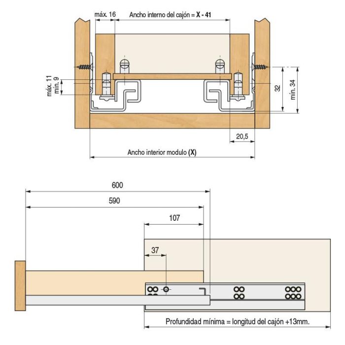 DTC Guía Oculta TOURPUSH Extracción Parcial PUSH para Cajones, Apertura sin Tiradores, 600mm, 20kg Carga, Zincada 1