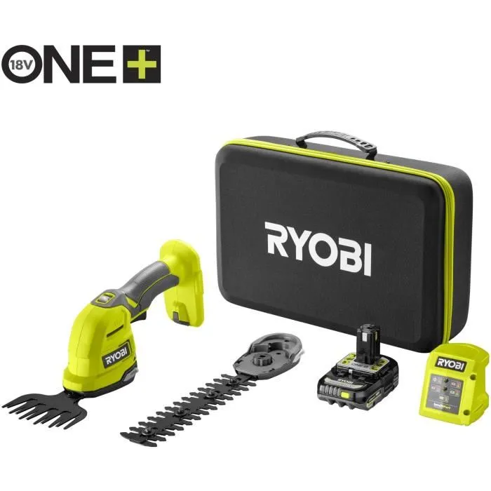 Ryobi RYO4892210218063 Tijera Cortasetos Escultor de Plantas 18V + Batería 2.0 Ah, Cargador 1.5 A y Estuche 2